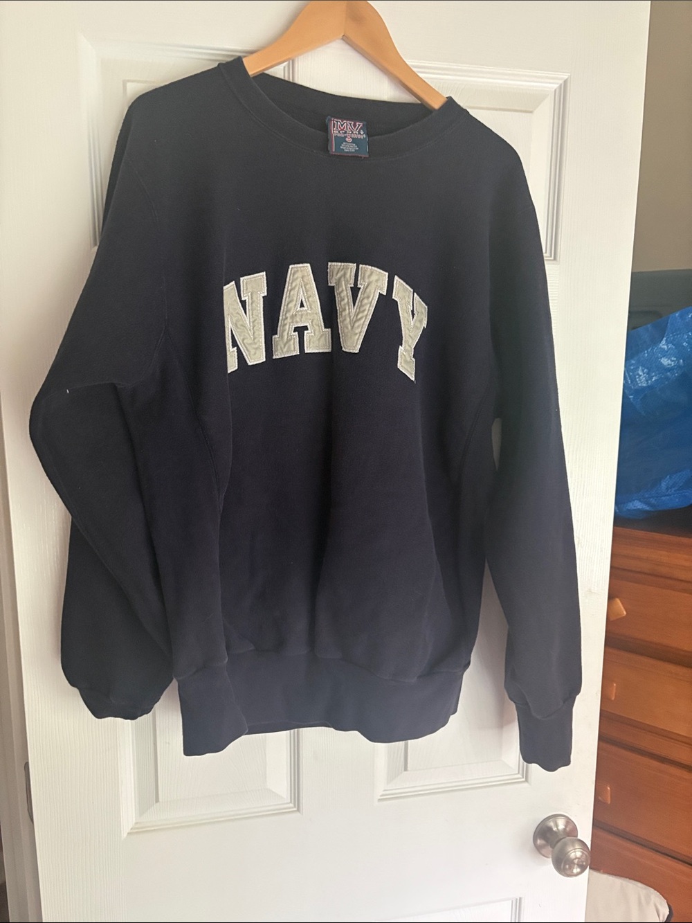 MV Sport Navy Crewneck Sweatshirt with White NAVY Lettering